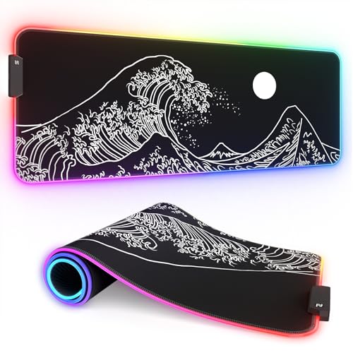 ITNRSIIET RGB Gaming Mouse Pad, Full Desk XL Extended Large Gaming Mousepad, 12 Lighting Modes 30% Thicker Big LED Desk Mat for Gamers, 32 x 12 inches, Waves Under The Moon - color: Waves Under the Moon