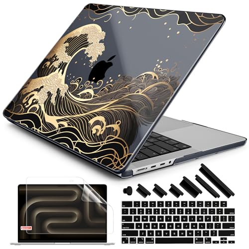 DONGKE Case for MacBook Pro 14 Inch (2026-2021 Release, M5 M4 M3 M2 M1 Pro/Max Chip), Plastic Slim Hard Shell Protective Cover with Keyboard Cover & Screen Protector, Golden Wave - color: Golden Wave X902