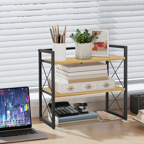 YINMIT Desktop Shelf Organizer, 2 Tier Office Shelves, Wood Desk Organizer Storage Rack and Freestanding Display Shelf for Office, Dormitory, Home (Black Wood) - color: Black+wood