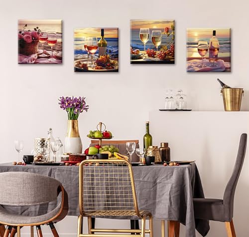 Kitchen Decor Dining Room Wall Art Wine Glass Still Life Fruit Goblet Canvas Prints Artwork Beach Sunset Landscape Romantic Poster Bar Restaurant Home Decoration Framed Ready to Hang 12"X12"X4 Panels - color: wine