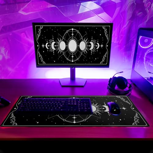 Sun Moon Gaming Mouse Pad Black Large Mouse Pad for Keyboard and Mousepad Desk Mat with 3mm Non-Slip Base and Stitched Edge for Gaming and Office Computer Mat Protector Mat 27.6x11.8 Inch - color: Sun Moon