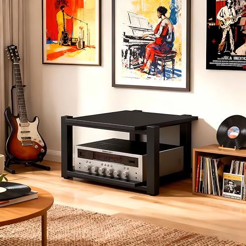 Heavy Duty Audio Rack Tower, Av Media Player Stand with Wooden Shelves, Black Cd Stereo Equipment Cabinet, Suitable for Home,Office/Audio Video/Theate (Black, 2 Tier) - size: 2 Tier