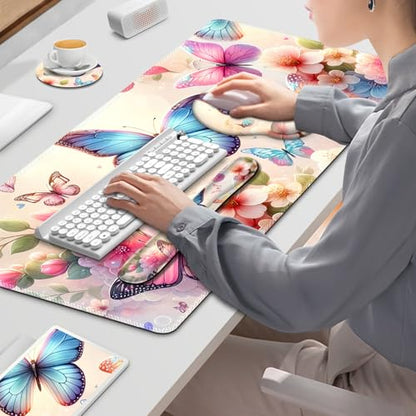 Gaming Mouse Pad, Large Desk Mat, Cute Desk Pad Protector, 4in1 XXL Mousepad + Keyboard Wrist Rest+Mouse Wrist Rest+Coaster Set with Ergonomic Desk Pad for Home Office PC Computer, Butterflies Flowers - color: Butterflies Flowers