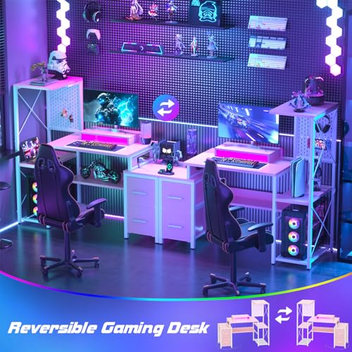 Small Gaming Desk with 2 Fabric Drawers - Reversible Computer Desk with Power Outlet & LED Lights, 49" Office Desk with Monitor Stand & Storage Shelves, Writing Study Table with Pegboard, Pink - color: Pink