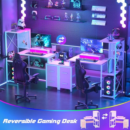 Small Gaming Desk with 2 Fabric Drawers - Reversible Computer Desk with Power Outlet & LED Lights, 49" Office Desk with Monitor Stand & Storage Shelves, Writing Study Table with Pegboard, Pink - color: Pink
