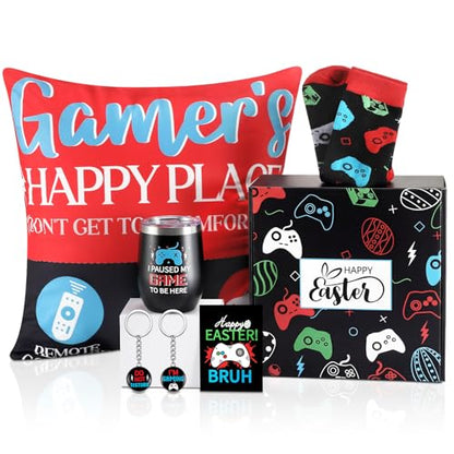 Patelai 6 Pcs Easter Basket Stuffers Gamer Easter Stuffer Gifts Set for Men Boyfriend Dad Brother Included Tumbler, Blessings Cards, Video Game Keychain, Pillow Covers, Socks, Gift Box for Game Lover