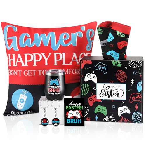 Patelai 6 Pcs Easter Basket Stuffers Gamer Easter Stuffer Gifts Set for Men Boyfriend Dad Brother Included Tumbler, Blessings Cards, Video Game Keychain, Pillow Covers, Socks, Gift Box for Game Lover