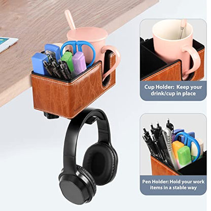 Desk Cup Holder Clip on Pen Holder Headphone Hanger Headset Stand Rotatable Clamp Hook Under Desk (Light Brown) - color: Light Brown