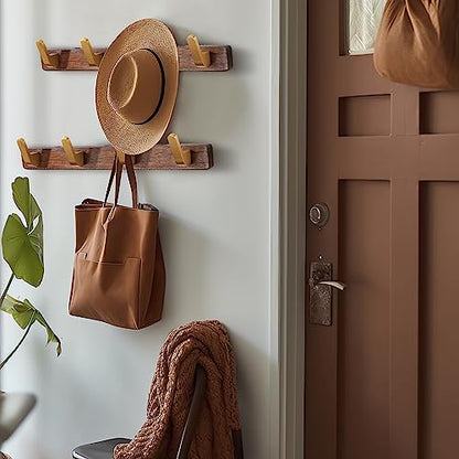 Wall Mounted Coat Rack, Entryway Hanging Coat Rack, Metal Wood Coat Rail with 4 Rustic Hooks Rail for Coat, Scarf, Bag, Towel, Key, Cap, Hat, Walnut Gold Matt - size: 4 Hooks - Curve Shape