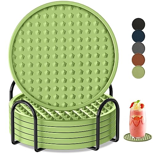 Coasters for Drinks 6 Pack Drinking Coaster with Holder,Heat Resistant Silicone Cup Mat Tabletop Protection,Non-Slip Rubber Coasters for Kinds of Cups (Green) - color: Green-metal Holder