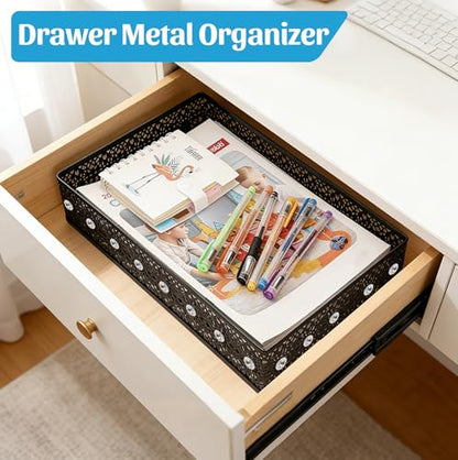 Desk Tray Organizer Mesh File Basket, Office Drawer Metal Trays Organizing Storage Box, Desktop Paper/Letter Tray for Office Home Makeup & Vanity, Black, Pattern 2# - style: Pattern 2#