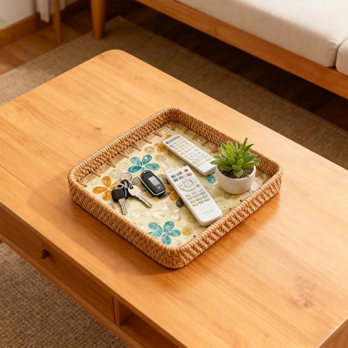 Handwoven Wicker Valet Tray, 8 Inch Square Catch All Organizer for Jewelry, Watches & Keys | Decorative Tray for Nightstand, Desk, Entryway, Coffee Table & Bathroom Counter