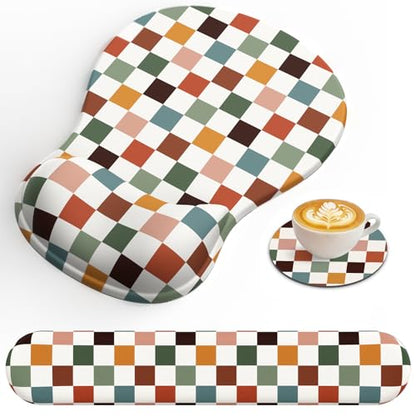 AKIT 3-in-1 Ergonomic Mouse Pad with Wrist Support & Keyboard Wrist Rest Set, Premium Memory Foam Mousepad with Coaster, Pain Relief for Office, Home, Gaming - [Anti-Slip & Breathable Lycra], Plaid - color: Plaid
