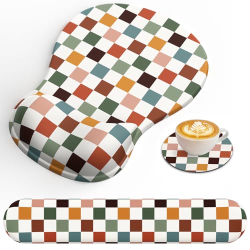 AKIT 3-in-1 Ergonomic Mouse Pad with Wrist Support & Keyboard Wrist Rest Set, Premium Memory Foam Mousepad with Coaster, Pain Relief for Office, Home, Gaming - [Anti-Slip & Breathable Lycra], Plaid - color: Plaid