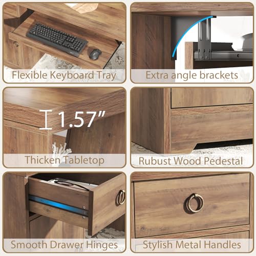 HSH 55" Executive Computer Desk,Farmhouse Home Office Desk with Storage Drawers and Keyboard Tray, Rustic Wood Work Study Writing Pc Table Studio Desks Wooden Workstation with Shelves and Cabinet - color: Rustic Oak