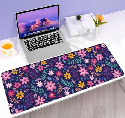Purple Pink Flowers Desk Mat, Daisy Floral Extended Large Gaming Mouse Pad, Non Slip Rubber Base Stitched Edge Desktop Desk Pad for Computer, Christmas and Thanksgiving Gifts, 31.5 x 11.8 in - color: Pink Flowers on Blue