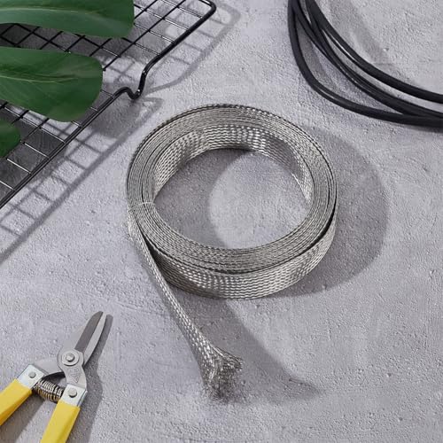 UNICRAFTALE 1" Wide Stainless Steel Braided Sleeving Braid Cable Wire Shielding Sleeve Ground Straps Protection Flat Metal Mesh Flexible Expandable Scalable Ribbon Wire for Protect Cable 13.12 Feet - size: 4m x 25mm