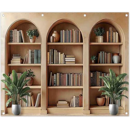 10x8ft Fabric Arched Bookshelf Backdrop School Library Books Modern Office Plants Video Conference Photography Background Indoor Decorations Photo Banner Props - size: 10'x8'
