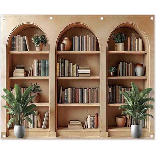10x8ft Fabric Arched Bookshelf Backdrop School Library Books Modern Office Plants Video Conference Photography Background Indoor Decorations Photo Banner Props - size: 10'x8'