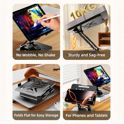 Ultra-Stable 360° Rotatable Metal Tablet Stand, Adjustable Folding Desktop Stand for iPad/iPhone/Switch, Universal Use for Office/Movie/Studying/Drawing/Gaming, Black - color: Soccer Stand - Black