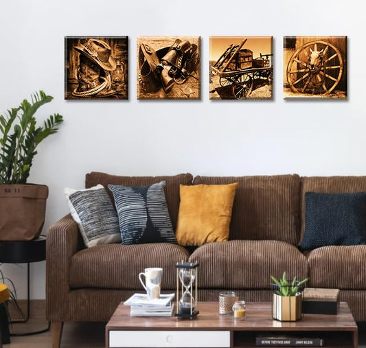 DJSYLIFE Western Decor Cowboy Wall Art Canvas Poster, 12" x 12" x 4pcs | Framed,HD Print,Solid wood Inner Frame，Ready to Hang for Men's Bedroom Office Home Decoration - color: Western