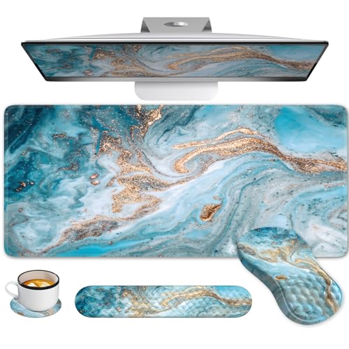 Desk Mat for Keyboard and Mouse, Large Mouse Pad with Wrist Rest and Keyboard Pad, 4PCS Carpal Tunnel Keyboard Wrist Support, Computer Mousepad for Laptop, Teal Blue Turquoise Marble - color: Marble Teal Blue Turquoise Gold