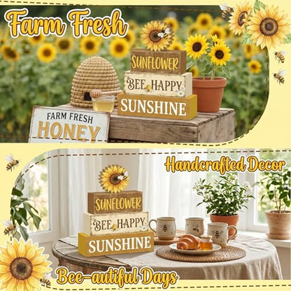 4 Pcs Summer Sunflower Kitchen Table Decor Bee Happy Summer Tiered Tray Decor Farmhouse Home Decorations Yellow Floral Wooden Signs Shelf Sitter Home Kitchen Office Decorations - style: Sunflower