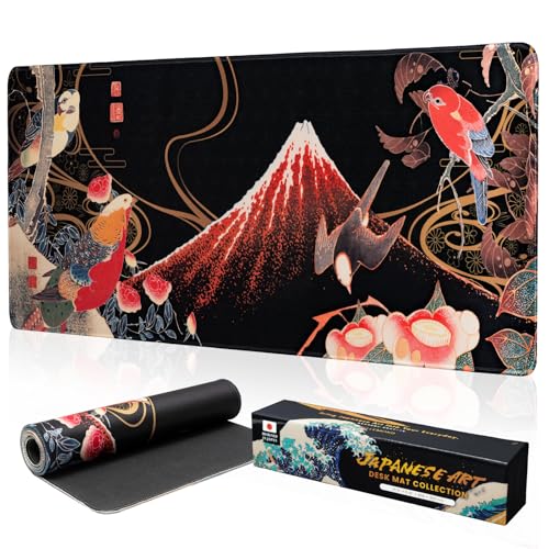 BELLEMOND Japanese Art Desk Mat | Large 31.5x11.8in Anime Mouse Pad for Keyboard & Mouse | Non-Slip Base, Water-Repellent | Original Japanese Design | Crimson Wings Over Fuji - color: Crimson Wings Over Fuji