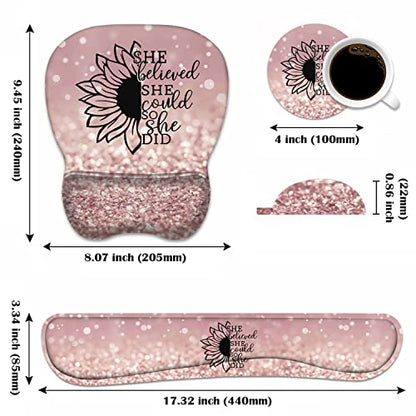 Mouse Pad Wrist Support and Keyboard Wrist Rest Set with Coasters, She Believed She Could So She Did Inspirational Quote with Non-Slip PU Base Ergonomic Mousepad for Home Office Working Studying - color: She Believed She Could So She Did Inspirational Quo