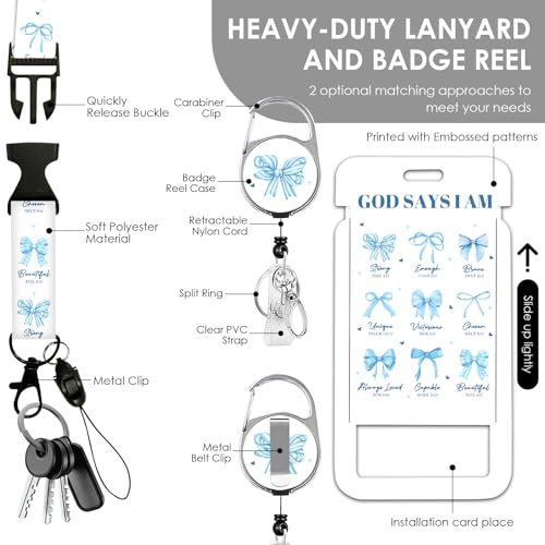 Christian Lanyards ID Badge Women Gifts Bow, God Says I Am ID Badge Holder with Retractable Reel Clip and Keychain, Vertical Identity Badge Cover Case Protector for Teacher Nurse Blue Bow - color: Bow-blue