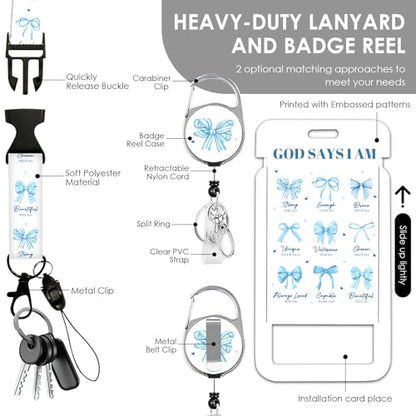 Christian Lanyards ID Badge Women Gifts Bow, God Says I Am ID Badge Holder with Retractable Reel Clip and Keychain, Vertical Identity Badge Cover Case Protector for Teacher Nurse Blue Bow - color: Bow-blue