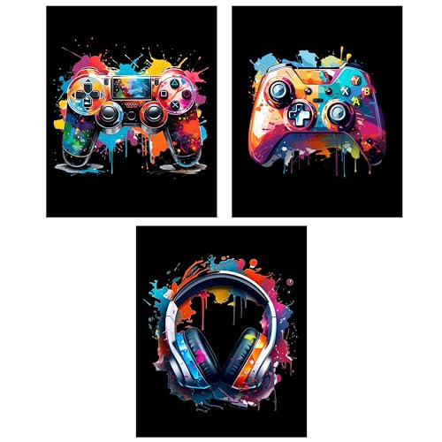 BAYKUL Watercolor Gaming Posters Set of 3 (8x10 Inches), Room Wall Decorations for Bedroom, Video Game Room Decor, Gamer, Boy, Teen Room Wall Art Decor, Gaming Room Accessories (Black Gaming) - color: Black Gaming