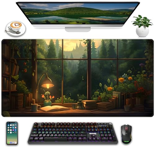 Anime Dark Green Plants Desk Mat Cute XXL Large Extended Mouse Pad Gaming, Lofi Aesthetic Computer Laptop Keyboard and Mouse Mat, Desk Accessories for Women Office Decor Mousepad, 31.5x15.75 in - color: Dark Green Plants
