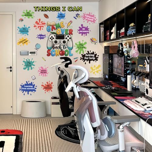 Back to School Wall Art, Game Over Motivational Poster Gamer Wall Sticker Gaming Controller Joystick Wall Decals Removable Video Games Wall Stickers Game Boy Wall Art for Bedroom Playroom Decoration