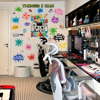 Back to School Wall Art, Game Over Motivational Poster Gamer Wall Sticker Gaming Controller Joystick Wall Decals Removable Video Games Wall Stickers Game Boy Wall Art for Bedroom Playroom Decoration
