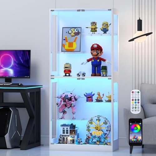 Lamtor Glass Display Cabinet with RGB LED Light & Adjustable Shelf | White | 69" Curio Cabinet, Pop-Up Glass Doors, Adjustable Shelves, Anti-Tip Design - color: White