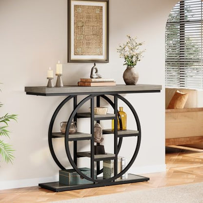Celaform 41" Console Table, 4-Tier Entryway Table with Circle Base, Industrial Narrow Wood Sofa Accent Tables with Storage Shelves for Living Room, Hallway, Foyer (Grey) - color: Grey