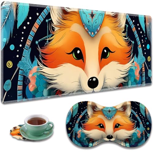 Large Gaming Mouse Pad + Wrist Rest+ Coaster Combo, 31.5 "x 11.8" Durable Non-Slip Extension Table Mat, Suitable for Office and Home, Dreamcatcher Fox - color: Dreamcatcher Fox
