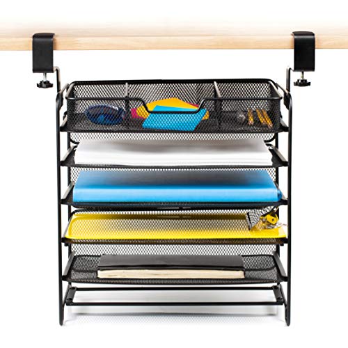 File Organizer 5 Tier Under The Desk File Holder, Clamp On Hanging File Organizer, SPACE SAVING DESIGN File Holder for Office Desk