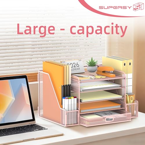 SUPEASY Mesh Desk Organizer with File Holder, 5-Tier Paper Letter Tray Organizer with Magazine Holder, Desktop Organizer and Storage with Drawer for Office Supplies Home or School (Pink) - color: Pink