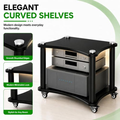 2-Tier AV Media Stand with LED Lights, Heavy Duty Mobile Stereo Cabinet Stand with Wheels, Wooden Stereo Rack, Audio Rack Furniture Perfect for DVD Player/Game Console (with Lights, 2 Tier) - color: With Lights, size: 2 Tier