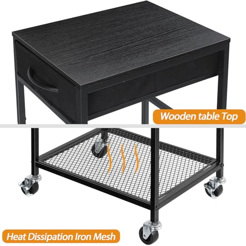 YBING PC Stand 2 Tier Computer Tower Stand with Drawer Mobile Computer Cart with Storage Metal CPU Holder on Wheels Pc Tower Stand Black Rolling Computer Tower Stand Floor for Office
