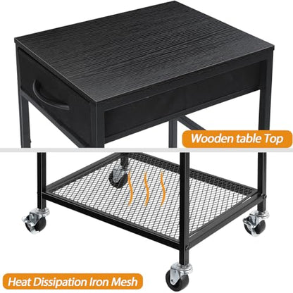 YBING PC Stand 2 Tier Computer Tower Stand with Drawer Mobile Computer Cart with Storage Metal CPU Holder on Wheels Pc Tower Stand Black Rolling Computer Tower Stand Floor for Office