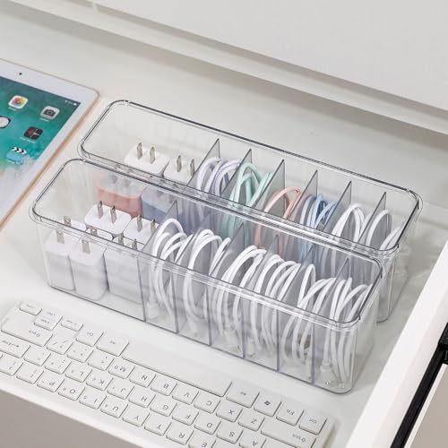 2 Pack Cord Organizer Box for Desk Drawer, Clear Phone Charger Cable Storage Container with Lid