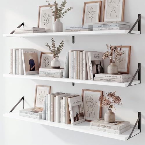Fun Memories Extra Long Floating Wall Shelves, 48 x 8 Inches, Set of 3 Large Wood Floating Bookshelves with Metal Brackets for Storage & Display (White) - color: White, size: 48"W x 8"D