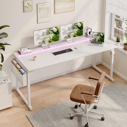 DurayLoly 63" Office Desk with LED Lights,Computer White Desk with Storage Bag&Headphone Hook,Spacious Under-Desktop for Study Writing Work Gaming Desk,Sturdy Metal Frame,Bedroom,Rustic Brown - color: White, size: 63 Inch