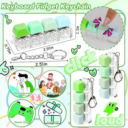 2 PCS 4-in-1 Keyboard Fidget Toy Keychain, Finger Clicky Button Toy Stress Relief Keychain with Swappable Keycaps, Mini Mechanical Key Fidget for Office Desk Focus Gifts (Mix Green) - color: Mix Green
