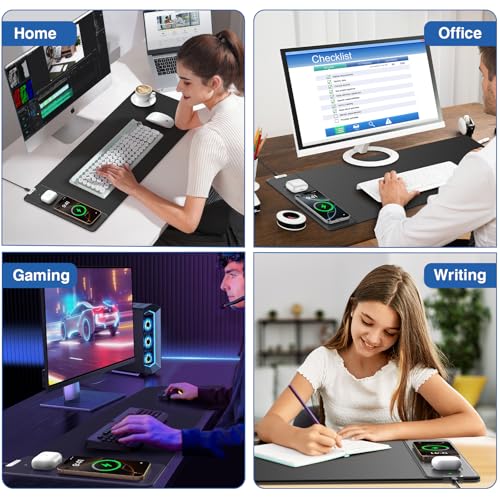 Magnetic Wireless Charging Mouse Pad, 27.5"x11.8" Gaming Desk Mat with Superior Stitched Edges, Non-Slip Base, Waterproof Smooth Desk Writing Pad for Gamer, Office & Home, Black - color: Black-27.5"x11.8"