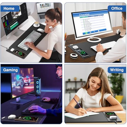 Magnetic Wireless Charging Mouse Pad, 27.5"x11.8" Gaming Desk Mat for Keyboard/Laptop, Non-Slip Base & 20W PD Adapter, Waterproof Smooth Desk Writing Pad for Gamer, Office & Home, Black - color: Black-27.5"x11.8"(with Wall Charger)