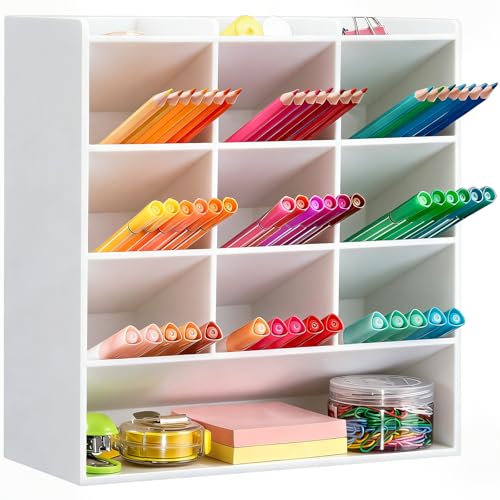 BEYGORM White Acrylic Vertical Marker Organizer for 150 Markers with 13 Compartments, Angled Pen & Pencil Holder, Large Desk Stationery & Art Supply Storage for Office & School (10.2 x 9.8 x 4 Inch) - color: White, size: For 150 Markers